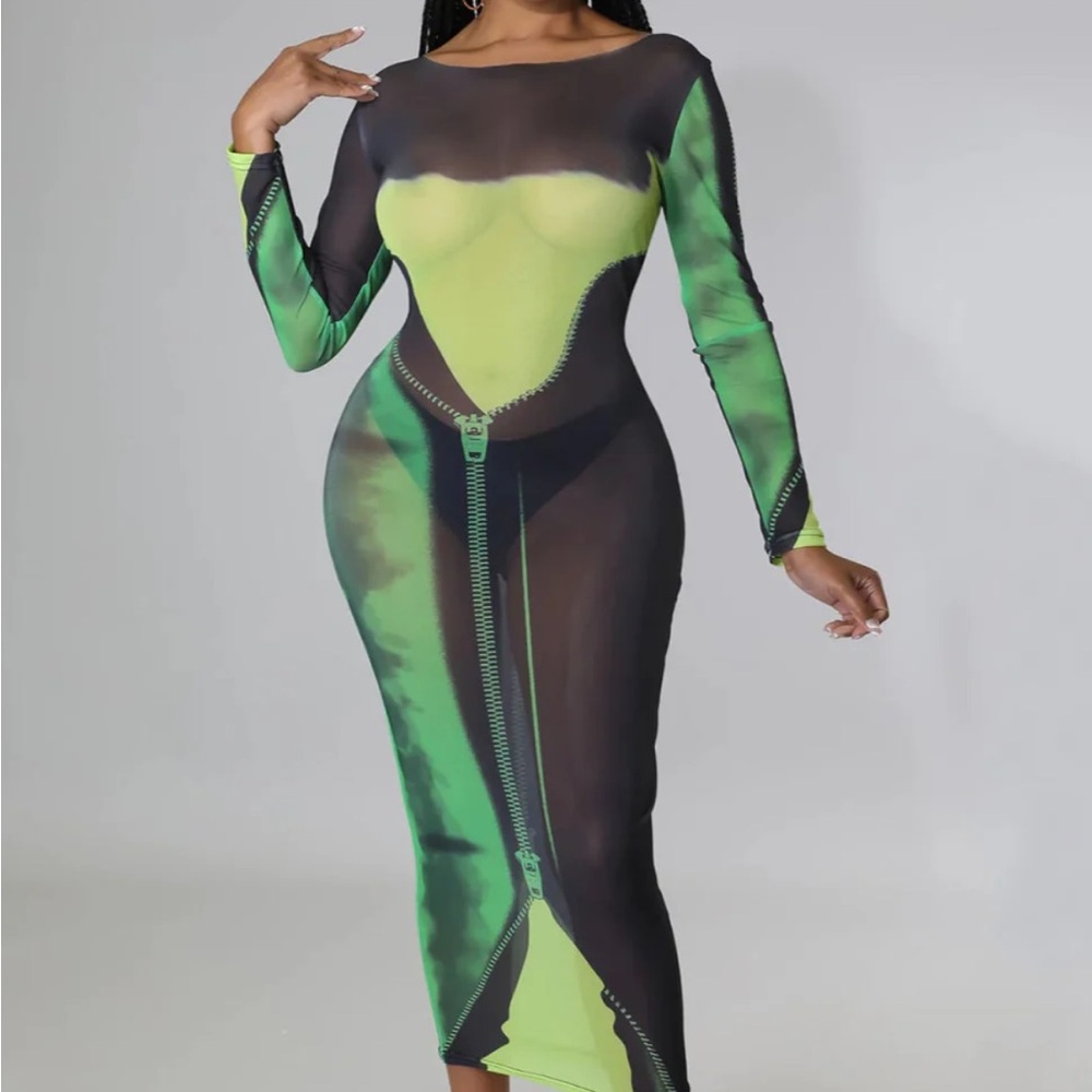 Green and Black Sheer Bodycon Dress